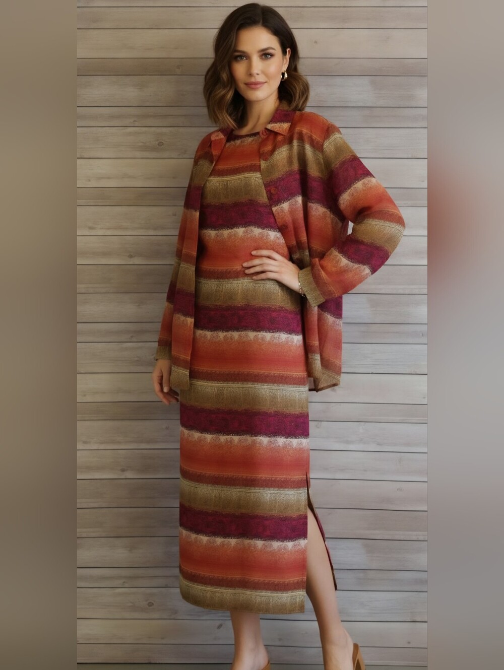 JM Collection Striped Maxi Dress in Rust, Berry and Tan